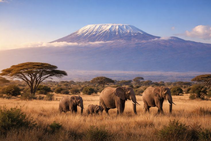 Elephant family walking beneath Mount Kilimanjaro at sunrise
