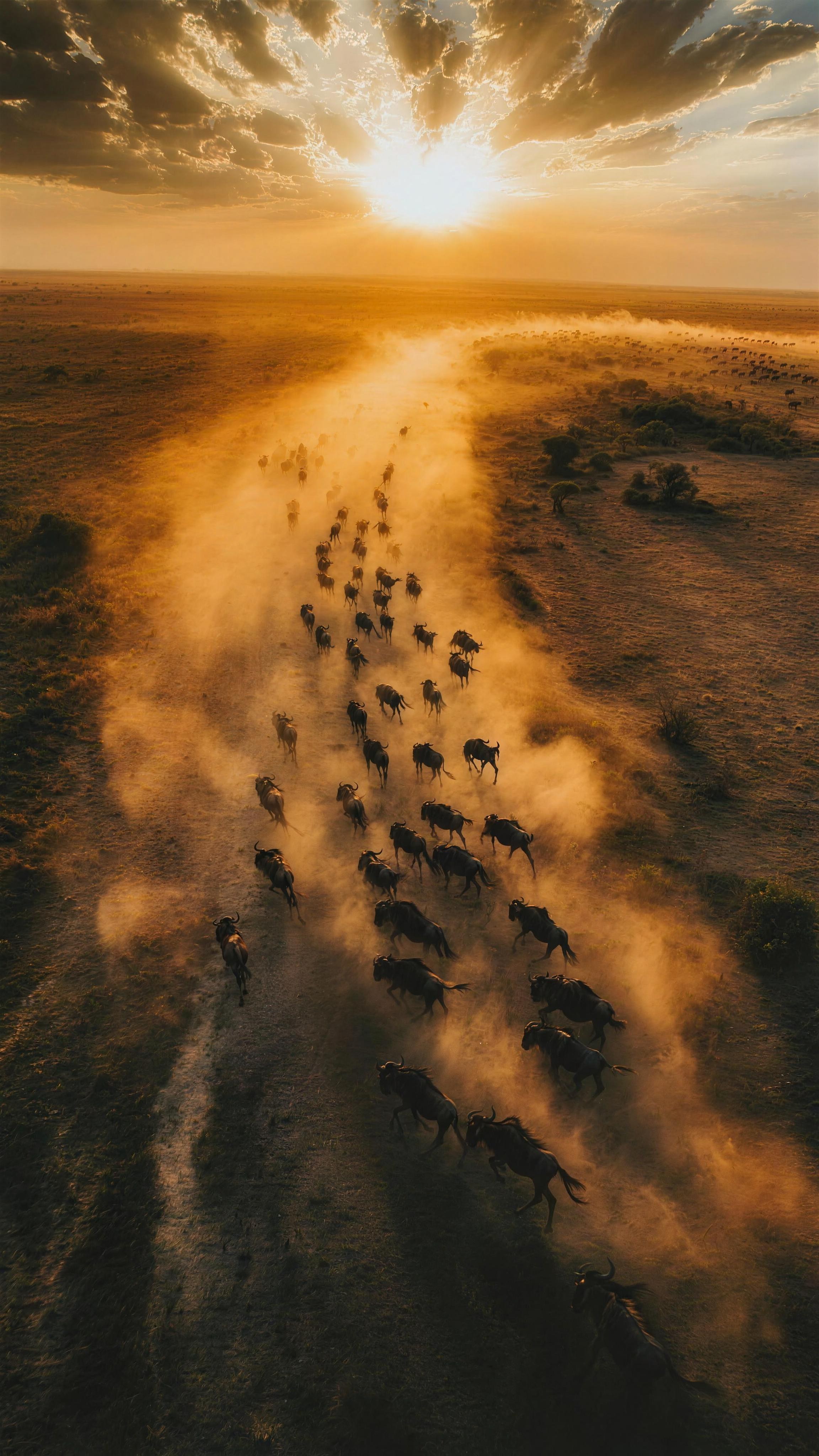 Wildebeest herd crossing the Maasai Mara at sunrise, dust lit gold by the rising sun