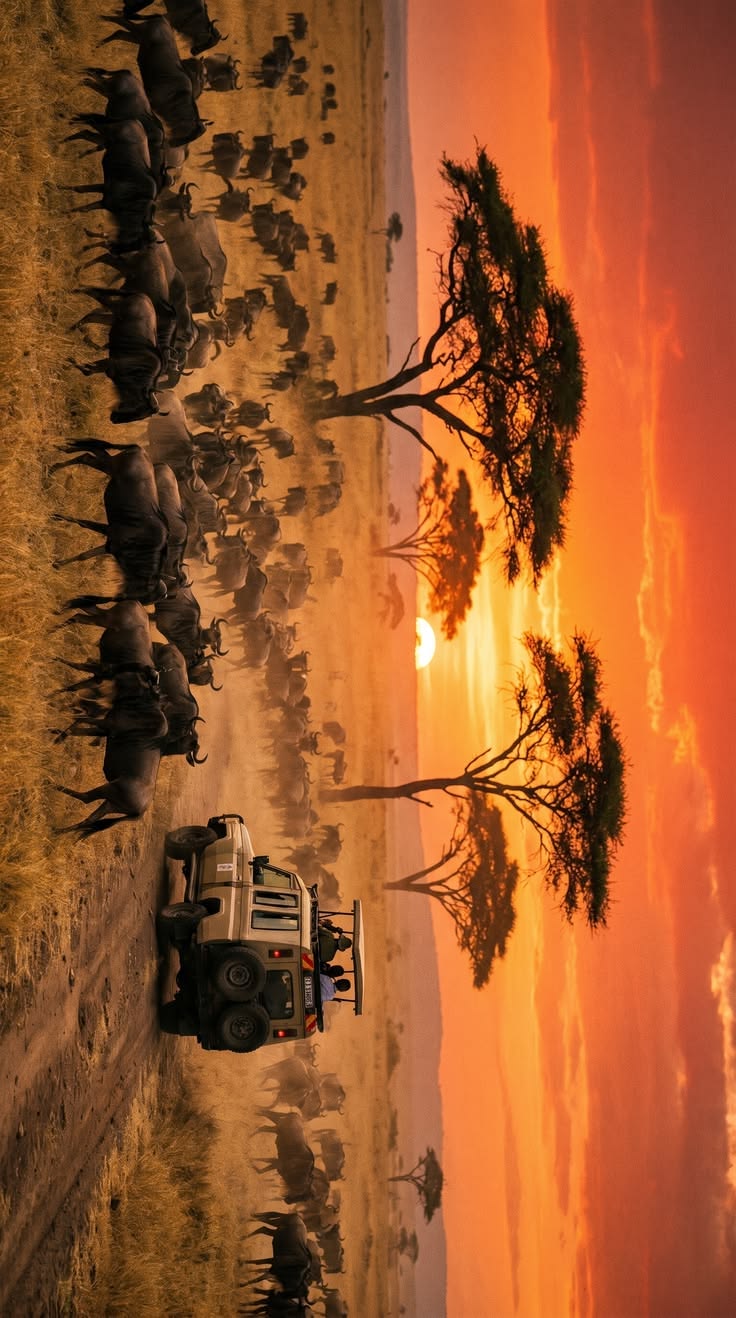 Safari vehicle beside a wildebeest herd at sunset